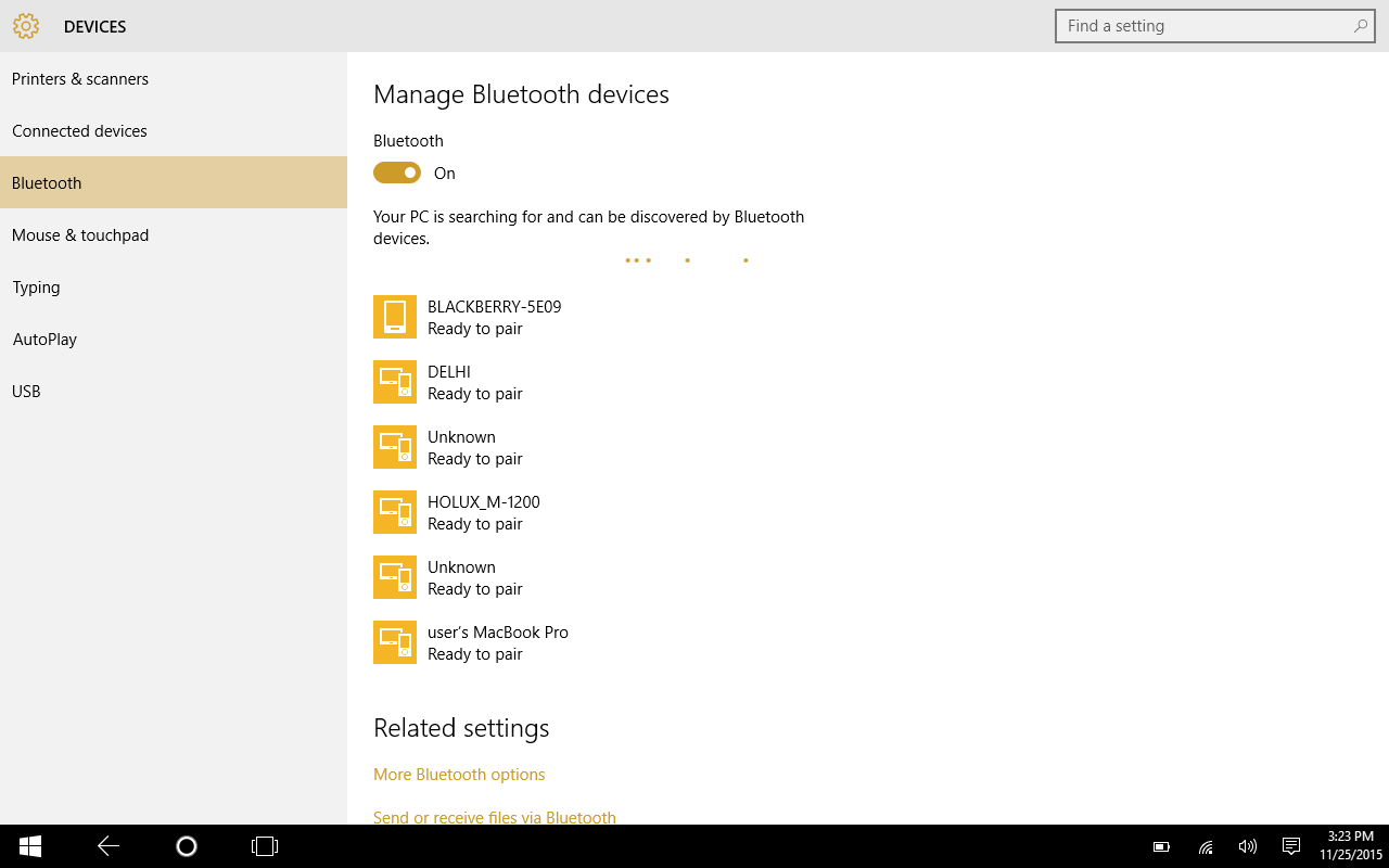 Windows Bluetooth settings Window