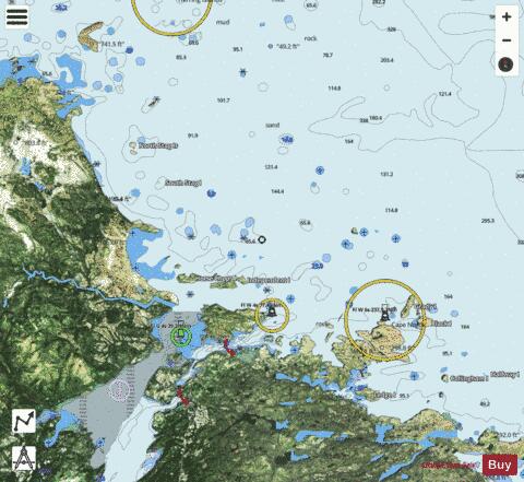Approaches to Cartwright, Black Island to Tumbledown Dick Island Marine Chart - Nautical Charts App - Satellite