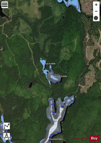Oreilles, Lac aux depth contour Map - i-Boating App - Satellite