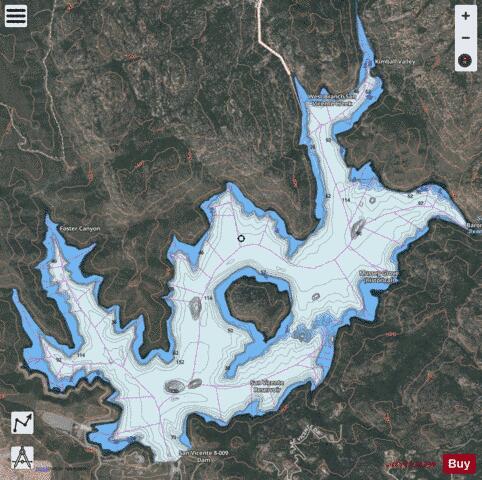 San Vicente Reservoir depth contour Map - i-Boating App - Satellite