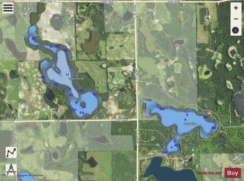Lake Three + Lake Two depth contour Map - i-Boating App - Satellite