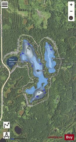 East Wood Lake + Wood Lake depth contour Map - i-Boating App - Satellite