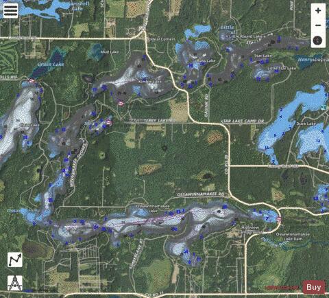 Bass Lake + Kimble Lake + Little Round Lake + Little Star Lake + Ossawinnamakee depth contour Map - i-Boating App - Satellite
