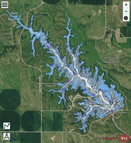 Davis Creek Reservoir depth contour Map - i-Boating App - Satellite