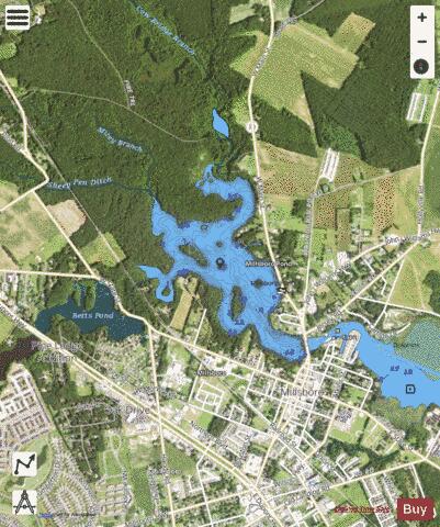 Millsboro Pond depth contour Map - i-Boating App - Satellite