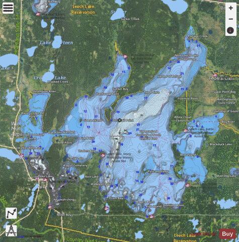 Leech (Main Basin) depth contour Map - i-Boating App - Satellite