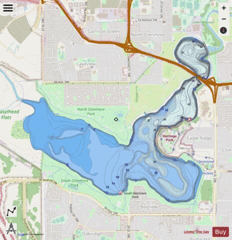 Glenmore Reservoir depth contour Map - i-Boating App - Streets