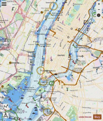 HUDSON AND EAST RIVERS-GOVERNORS ISLAND TO 67TH STREET Marine Chart - Nautical Charts App - Streets