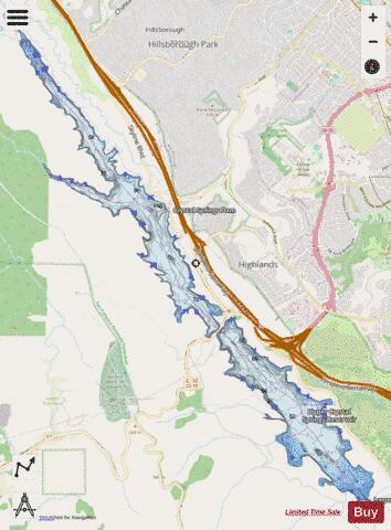 Upper + Lower Crystal Springs Reservoir depth contour Map - i-Boating App - Streets
