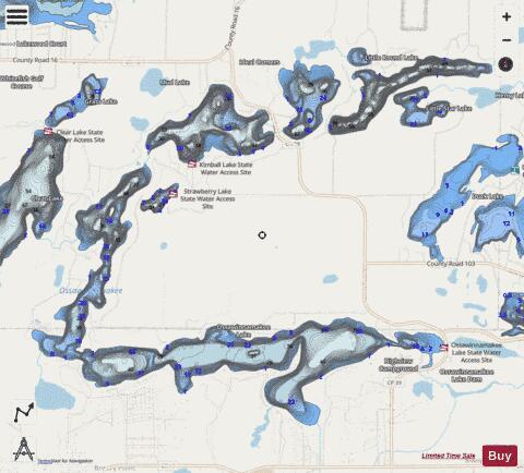 Bass Lake + Kimble Lake + Little Round Lake + Little Star Lake + Ossawinnamakee depth contour Map - i-Boating App - Streets