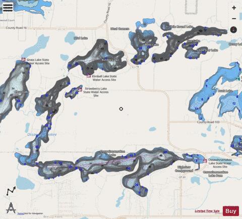 Bass Lake + Kimble Lake + Little Round Lake + Little Star Lake + Ossawinnamakee depth contour Map - i-Boating App - Streets