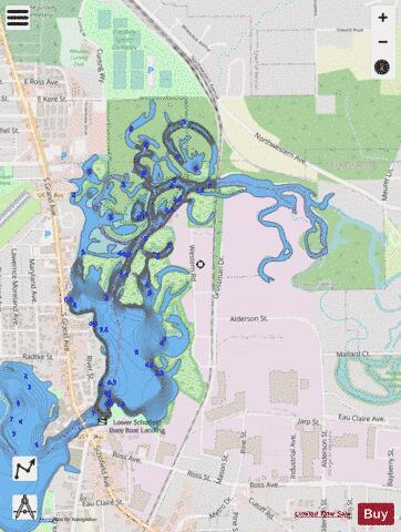 Eau Claire Flowage depth contour Map - i-Boating App - Streets