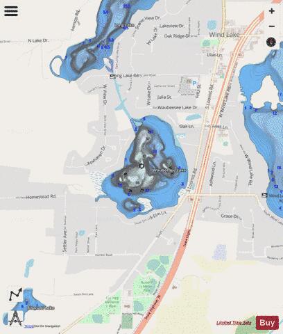 Waubeesee Lake depth contour Map - i-Boating App - Streets