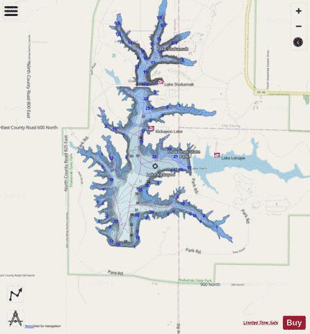 KICKAPOO LAKE, SULLIVAN, GREENE depth contour Map - i-Boating App - Streets