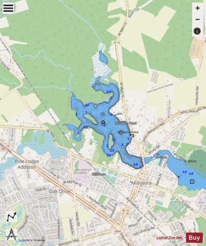 Millsboro Pond depth contour Map - i-Boating App - Streets