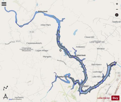 South Fork Rivanna River Reservoir depth contour Map - i-Boating App - Streets