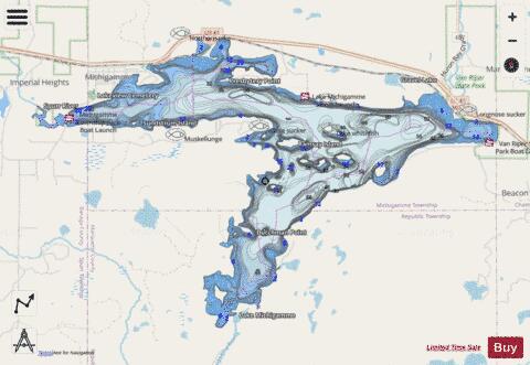 Lake Michigamme depth contour Map - i-Boating App - Streets